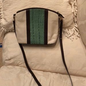 Stylish designer beige, dark brown and green cross body Brahmin bag